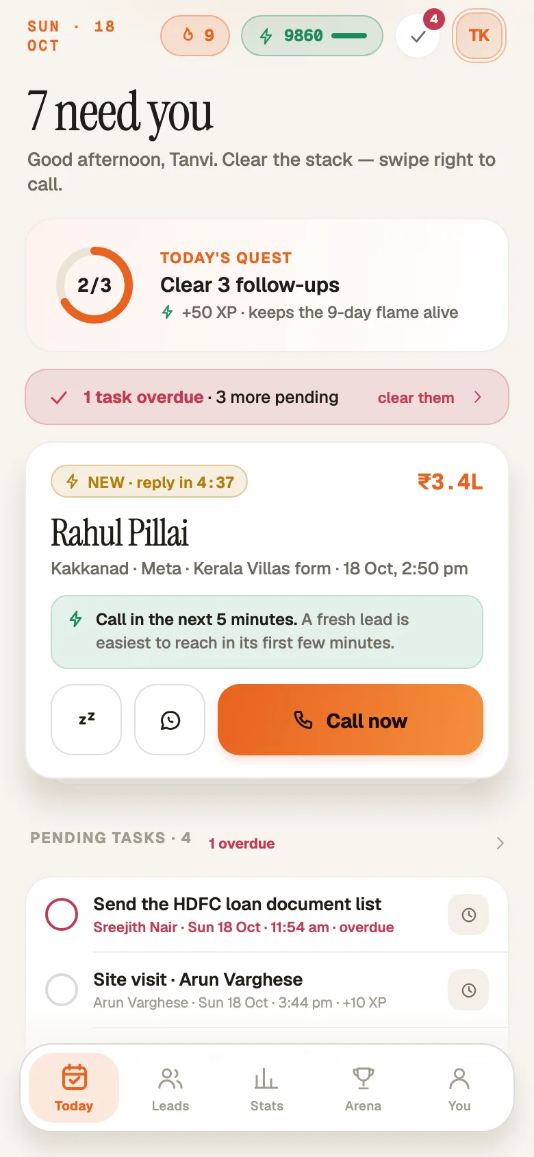 The Android app's Today tab: a fresh lead reading 'NEW · reply in 4:37', a streak chip, two follow-ups due and a meeting.