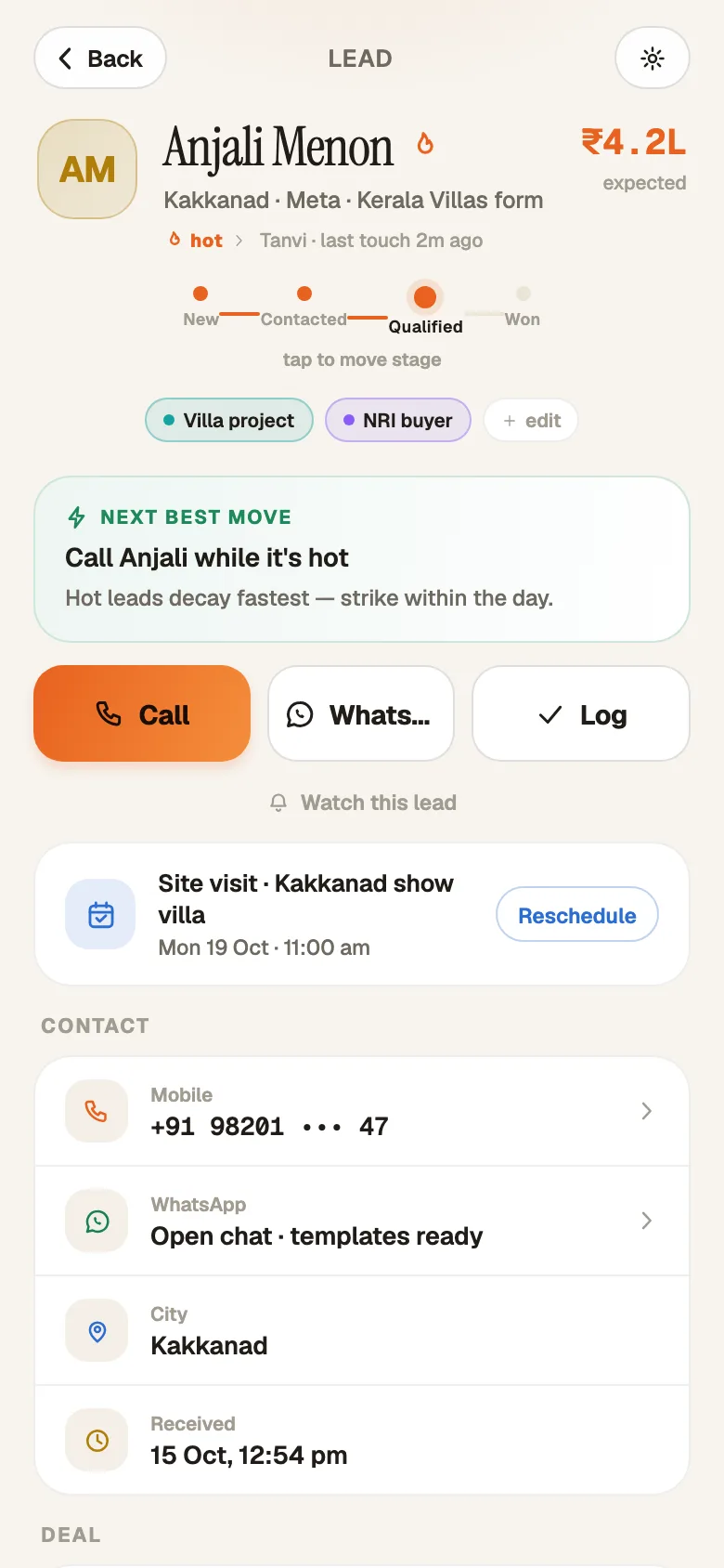 A lead on Android with 'Call now', 'WhatsApp', 'Add a note', 'Add a task' and 'Move stage', and the timeline below.