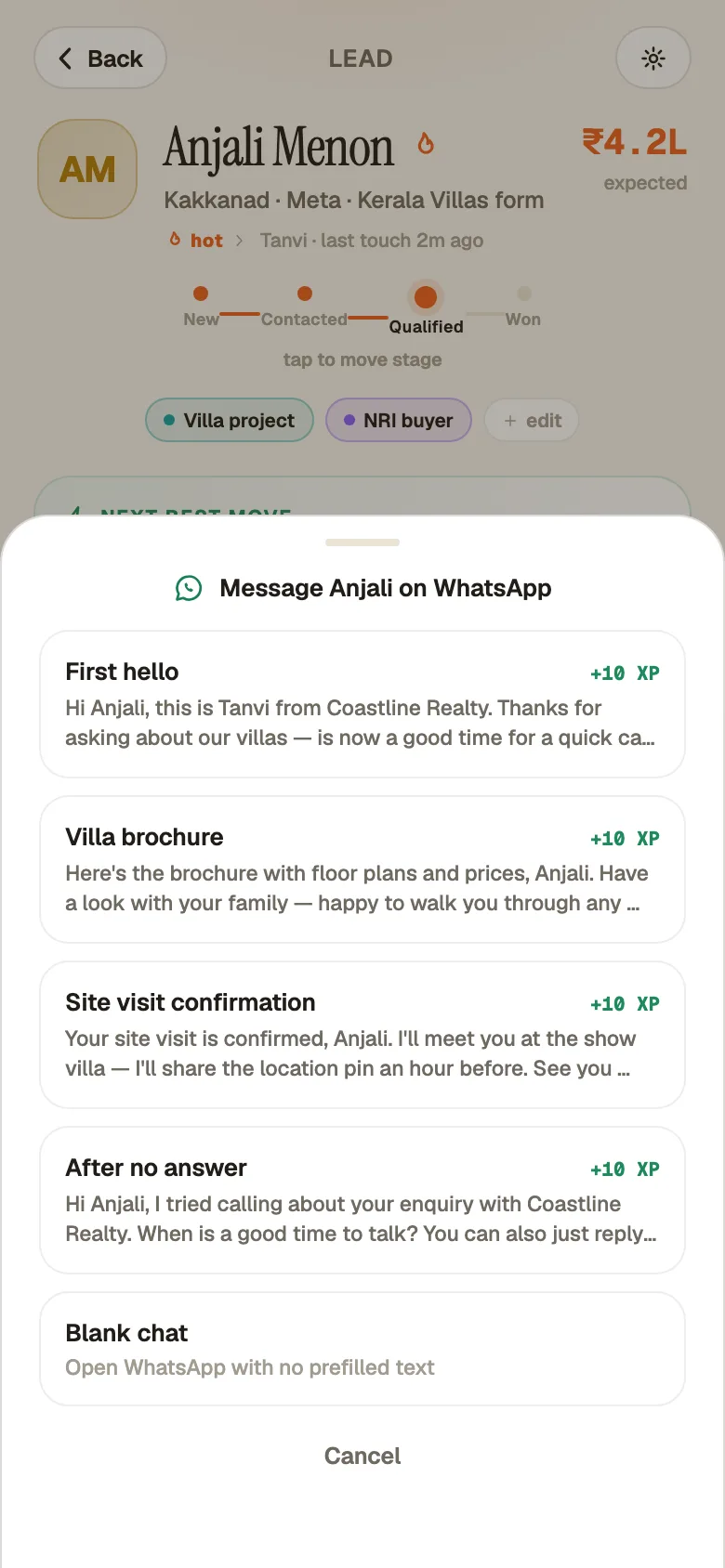 The WhatsApp sheet reading 'Open chat · templates ready' with template presets listed.
