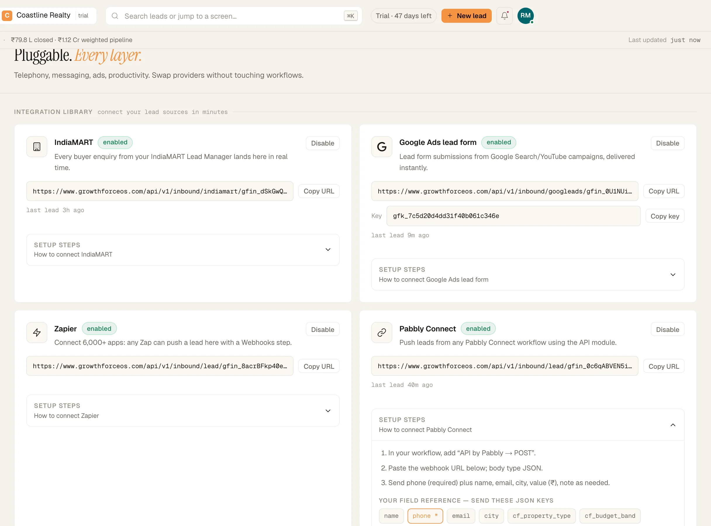 The integration library with IndiaMART, Google Ads lead form, Zapier, Pabbly Connect and Custom webhook cards, Pabbly expanded with 'Copy URL'.